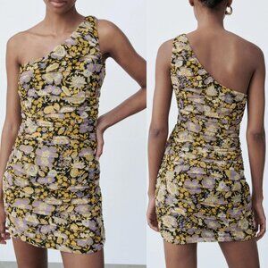 Zara One Shoulder Ruched Dress Floral Print Mini Lined Party Wedding